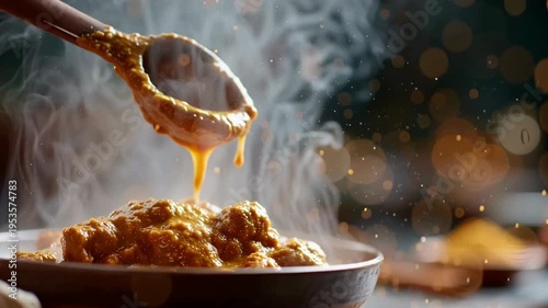Exquisite culinary delight of rich, flavorful curry being served onto a bowl, showcasing the culinary creativity.