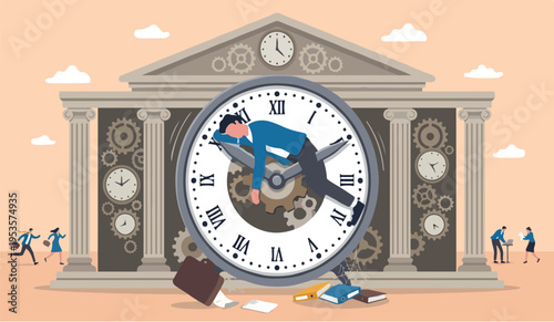 Wasted procrastination canwe the for to slow life, lazy to work,to low productivity orcentral bank efficiency, self discipline problem, tired or no motivation concept, lazy businessman sleeping on the