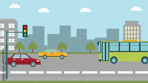 City street scene with traffic light cars and a bus