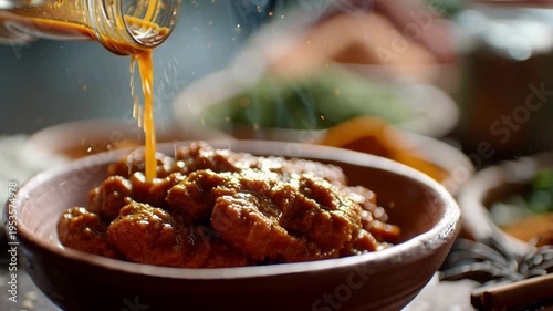 Sizzling meal, inviting all with a flavorful taste, as appetizing brown stew is presented and it is drizzled with delicious sauce. 