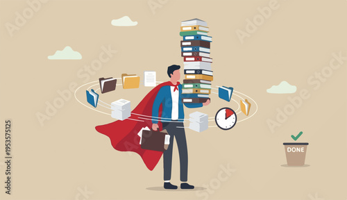 Handle busy work, manage workload complete multitasks deadline, organize paperwork documents, effective productive concept, businessman superhero carry load paperwork documents.