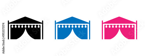 Three stylized theater stage curtain designs in black, blue, and pink colors