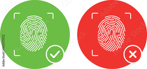 Green accepted fingerprint with checkmark and red rejected fingerprint with X, biometric security authentication