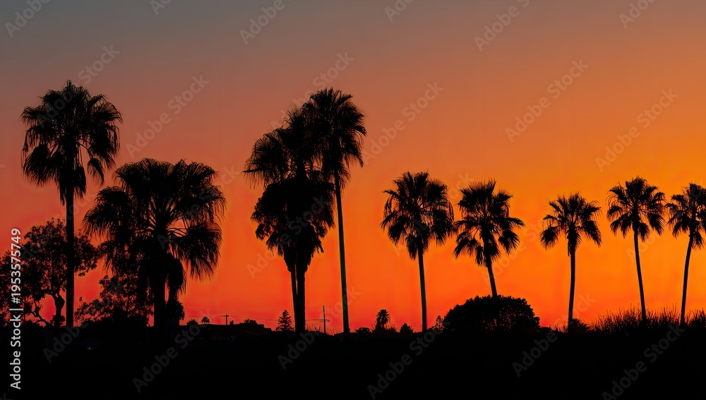 Obraz premium Silhouette of Palm Trees Against a Vibrant Sunset Sky.