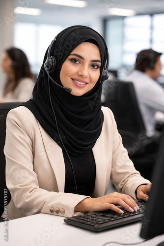 Wallpaper Mural Happy Woman At Work Station. Professional Woman Smiling During Customer Service Task. Friendly Woman Dressed In Modern Attire Working At Computer With Cheerful Demeanor Torontodigital.ca