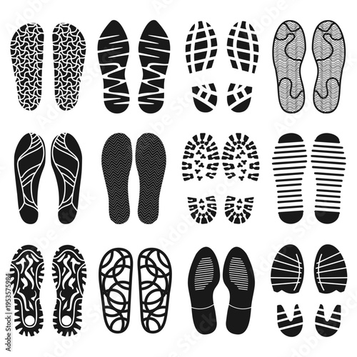 Collection of diverse shoe sole patterns and footprints, showcasing various designs and textures for footwear and walking.