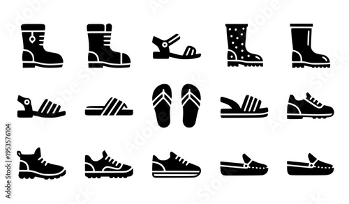 Active footwear icon set with sneakers, cleats, running, hiking, and workout shoes in black vector design