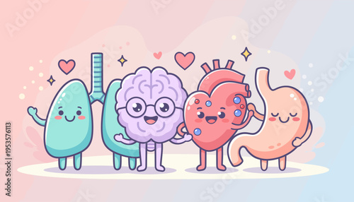Friendly human organs unite for health and harmony, illustrated with cute lungs, brain, heart, and stomach characters in a pastel design