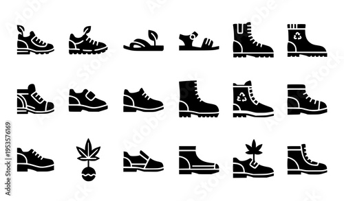 Eco-friendly footwear icon pack with sustainable, vegan, and plant-based shoes in modern black vector design