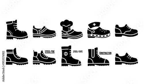 Professional footwear icon set with work boots, safety shoes, chef clogs, and nurse shoes in black vector design