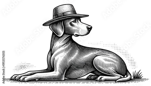 Charming monochrome illustration of a sophisticated dog, comfortably adorned with a classic fedora hat, lying serenely in a relaxed pose