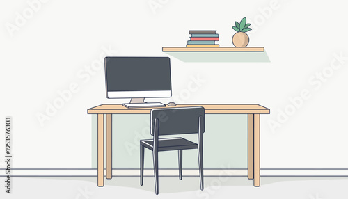 Clean and modern minimalist home office workspace setup with a computer, desk, and chair, perfect for remote work and productivity