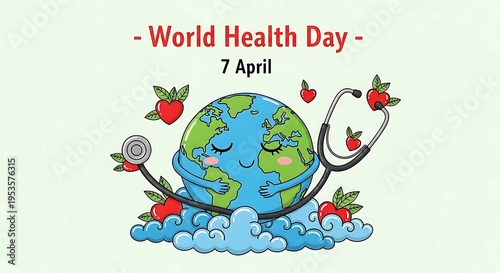 World health day 7 april illustration with earth and stethoscope