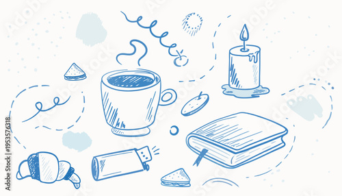 Artistic blue line art depicting a warm beverage, a croissant, a book, and a candle, evoking a sense of calm and leisure