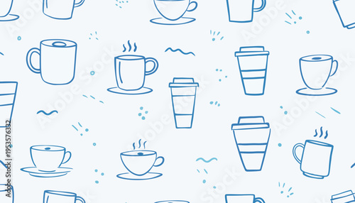 Delightful hand-drawn seamless pattern featuring stylized coffee cups and mugs, perfect for café branding, textile designs, or inviting digital backgrounds