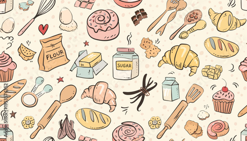 A whimsical and charming seamless pattern featuring a delightful assortment of baked goods and baking essentials, perfect for culinary-themed designs and creations