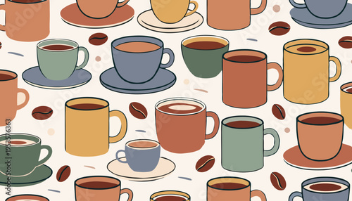 A delightful pattern of colorful coffee cups and beans, perfect for cafe or kitchen decor