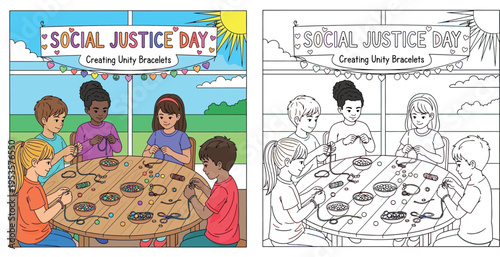 World Day of Social Justice concept. Diverse group of happy children making unity bracelets together. Kids classroom activity for equality and inclusion vector illustration.