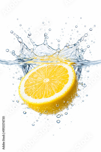 Fresh Lemon Half Splashing into Clear Water on White Background