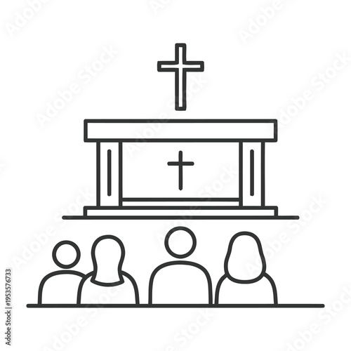 Four people kneeling in prayer before a religious altar with a cross symbol