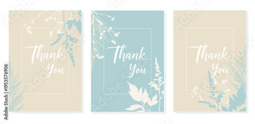 Set of Three Vertical Thank You Cards with Minimalist Floral Silhouettes and Teal Botanical Elements on Pastel Beige Background
