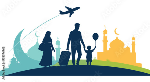 A family travels with luggage and a balloon framed by islamic architecture a striking silhouette