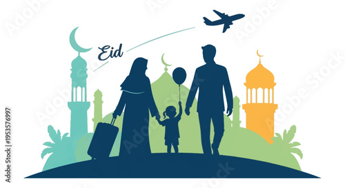 A family celebrates eid al fitr with travel and islamic architecture a dark silhouette high quality professional