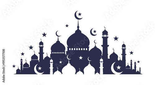 An intricate dark blue silhouette of a mosque with crescent moons and stars a religious scene silhouette