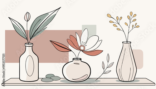 Minimalist Aesthetic Decorative Vases with Flowers on a Shelf