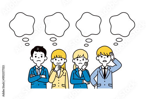 モヤモヤした吹き出しと、リクルートスーツを着た困った表情の就活生の上半身ベクターイラスト素材