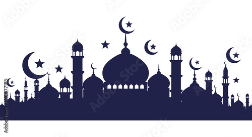 A dark blue islamic cityscape with crescent moons and stars rendered as a silhouette high quality