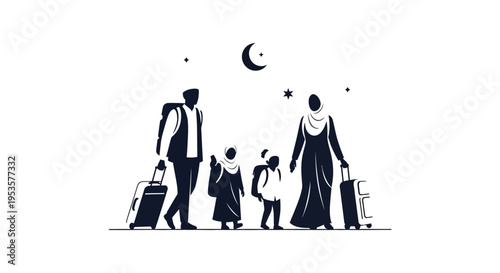 A muslim family travels with luggage set against a cityscape and crescent moon silhouette high quality