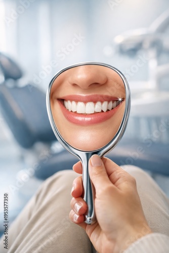 Wallpaper Mural Patient Examines Bright Dental Results. Detailed Image Showcasing Cheerful Teeth Reflection In Handheld Mirror During Dental Examination With Professional Setting Torontodigital.ca