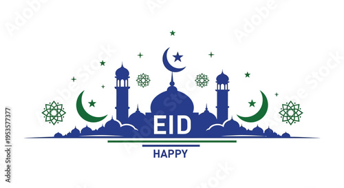 A festive eid al fitr scene with a mosque crescent moons and stars a dark silhouette