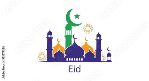 A vibrant eid al fitr mosque landscape with a crescent moon and star silhouette high quality professional