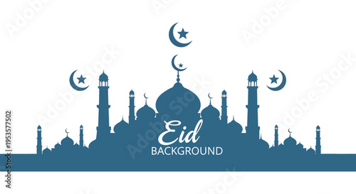 A detailed eid al fitr mosque skyline illustration with crescent moons and stars a beautiful silhouette