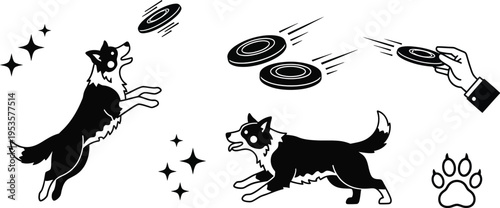 Dog playing with a flying disc. Dog jumping to catch a disc and running to fetch one. Throwing hand, the flying disc in motion, sparkle icons, and a paw print.  Pet agility, training, outdoor activity