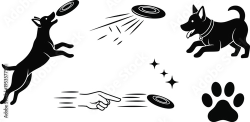 Dog playing with a flying disc. Dog jumping to catch a disc and running to fetch one. Throwing hand, the flying disc in motion, sparkle icons, and a paw print.  Pet agility, training, outdoor activity