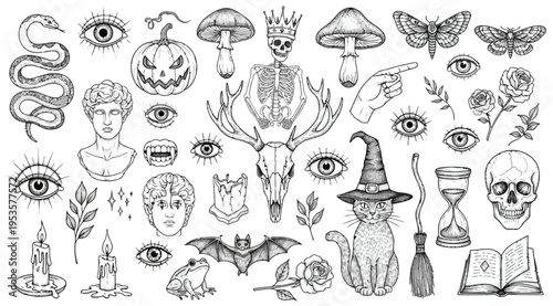 Halloween themed illustrations including witch hat, pumpkin, skeleton, eye, bat, and mushroom on white background