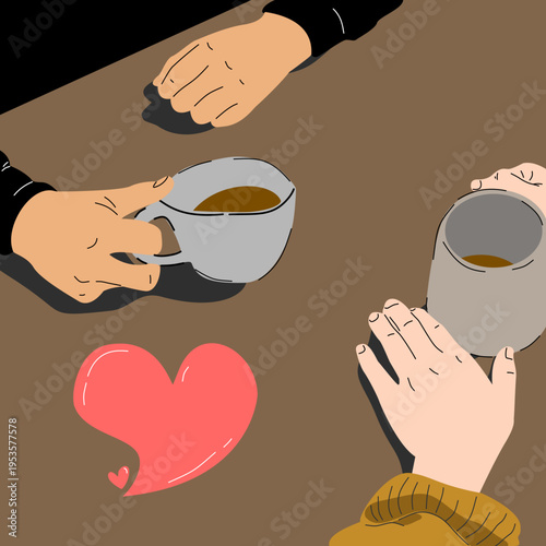 hands holding a cup of coffee. Couple quality time, coffee and tea time