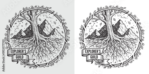 Vintage Explorer Guild Emblem with Great Oak Tree and Mountains