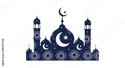 An ornate islamic mosque illustration with crescent moons and stars a striking silhouette high quality professional