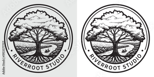 Riverroot Studio Emblem with Large Oak Tree River and Rowing Boat