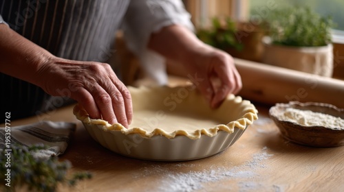 Hands of a woman shaping pie crust in a white ceramic dish on a wooden kitchen table with flour and herbs in the background, rolling pin nearby