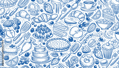 Delightful seamless pattern of hand-drawn pastries, desserts, fruits, and baking utensils, ideal for charming culinary designs and sweet background projects