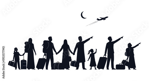 A family journey with luggage a plane and a crescent moon in dark silhouette high quality