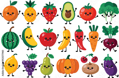 Cute kawaii fruits berries and vegetables characters with hands and legs playful food mascots minimal outline vector illustration set