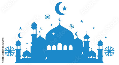 A vibrant blue islamic mosque design with crescent moons and stars presented as a silhouette