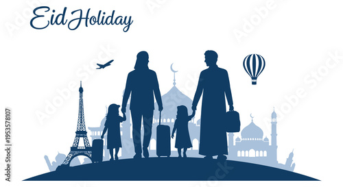 A family travels for eid al fitr showcasing iconic landmarks in a stylized silhouette high quality professional