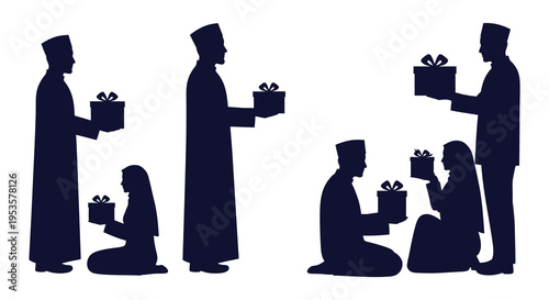 A group of people exchanging gifts depicted in a striking black silhouette high quality professional detailed